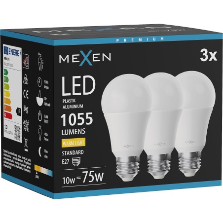 Mexen Nova 3x Bombilla LED E27, A60, 10W, Cálida - 3000K, 1055 lm - L100-E27-1030-01x03
