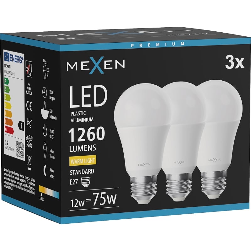Mexen Nova 3x Bombilla LED E27, A60, 12W, Cálida - 3000K, 1260 lm - L100-E27-1230-01x03