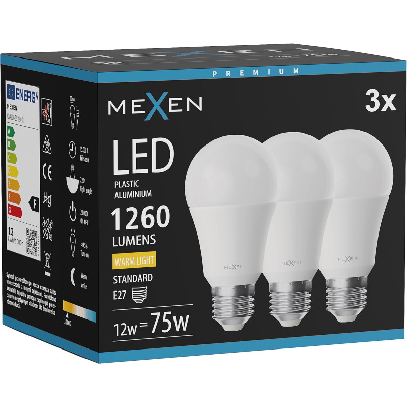 Mexen Nova 3x LED-lampa E27, A60, 12W, Varm - 3000K, 1260 lm - L100-E27-1230-01x03