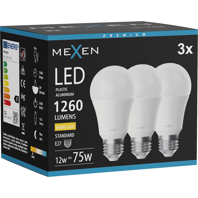Mexen Nova 3x LED Luucht E27, A60, 12W, Warm - 3000K, 1260 lm - L100-E27-1230-01x03