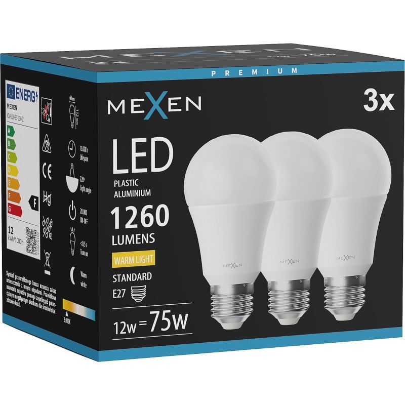 Mexen Nova 3x żarówka LED E27, A60, 12W, Ciepła - 3000K, 1260 lm - L100-E27-1230-01x03