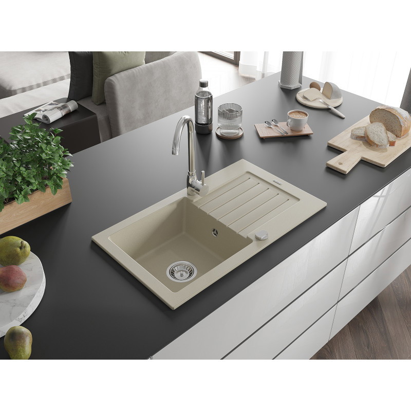 Mexen Pablo Granitspüle 1-Becken mit Abtropffläche 752 x 436 mm, beige, Siphon verchromt - 6510751010-69