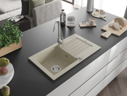 Mexen Pablo 1-bowl granite sink with drainer 752 x 436 mm, beige, chrome siphon - 6510751010-69