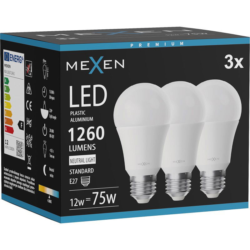 Mexen Nova 3x LED-lamppu E27, A60, 12W, Neutraali - 4000K, 1260 lm - L100-E27-1240-01x03
