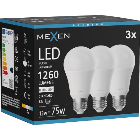 Mexen Nova 3x LED-lampa E27, A60, 12W, Neutral - 4000K, 1260 lm - L100-E27-1240-01x03