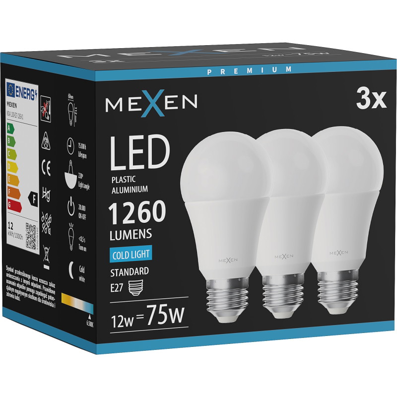 Mexen Nova 3x LED-glödlampa E27, A60, 12W, Kall - 6500K, 1260 lm - L100-E27-1265-01x03