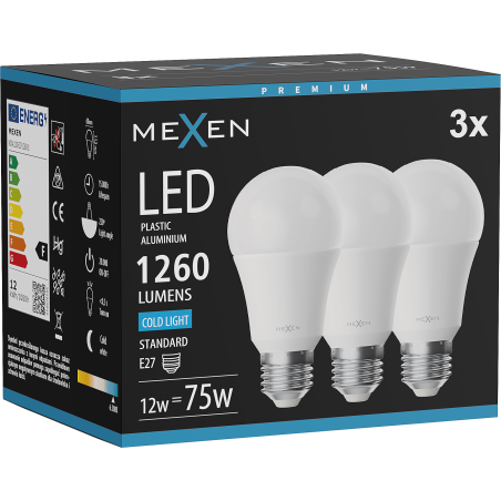 Mexen Nova 3x LED-glödlampa E27, A60, 12W, Kall - 6500K, 1260 lm - L100-E27-1265-01x03