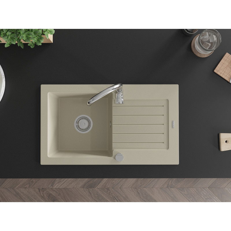 Mexen Pablo fregadero de granito de 1 cubeta con escurridor 752 x 436 mm, beige, sifón cromado - 6510751010-69