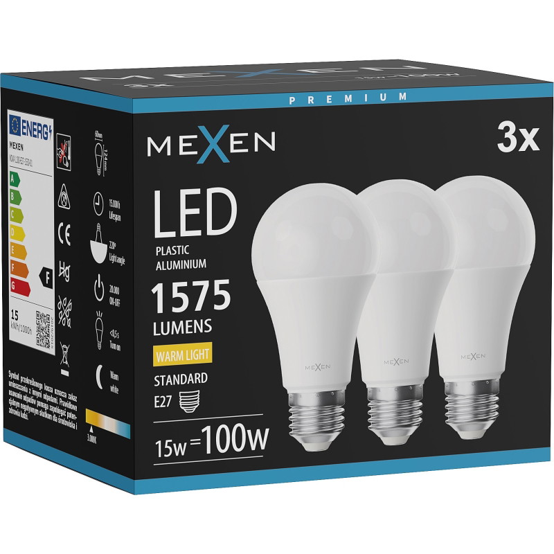 Mexen Nova 3x Bombilla LED E27, A60, 15W, Cálida - 3000K, 1575 lm - L100-E27-1530-01x03