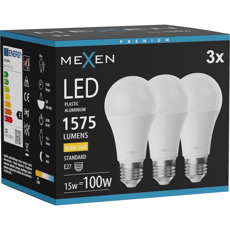 Mexen Nova 3x LED-pirn E27, A60, 15W, Soe - 3000K, 1575 lm - L100-E27-1530-01x03