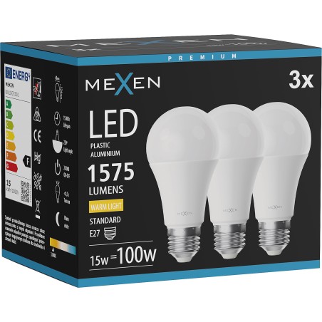 Mexen Nova 3x LED-lampa E27, A60, 15W, Varm - 3000K, 1575 lm - L100-E27-1530-01x03