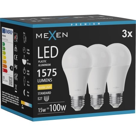Mexen Nova 3x LED-pirn E27, A60, 15W, Soe - 3000K, 1575 lm - L100-E27-1530-01x03