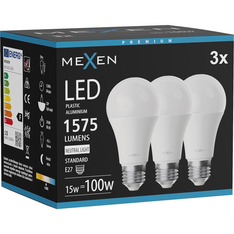 Mexen Nova 3x LED-lampa E27, A60, 15W, Neutral - 4000K, 1575 lm - L100-E27-1540-01x03