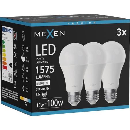 Mexen Nova 3x Bombilla LED E27, A60, 15W, Neutral - 4000K, 1575 lm - L100-E27-1540-01x03