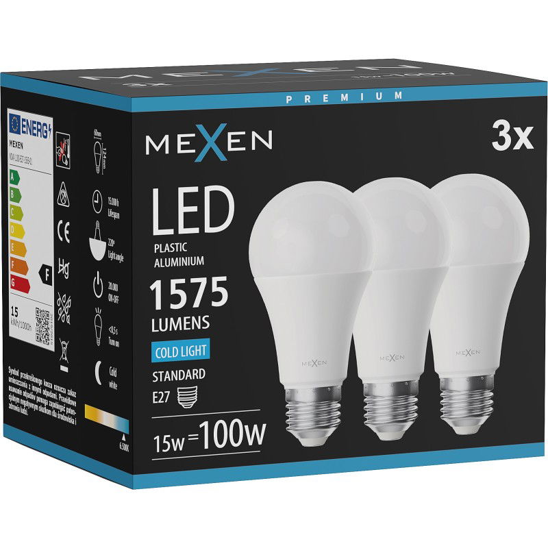 Mexen Nova 3x LED-lamppu E27, A60, 15W, Kylmä - 6500K, 1575 lm - L100-E27-1565-01x03