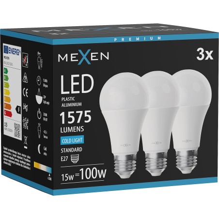 Mexen Nova 3x LED-lampa E27, A60, 15W, Kall - 6500K, 1575 lm - L100-E27-1565-01x03