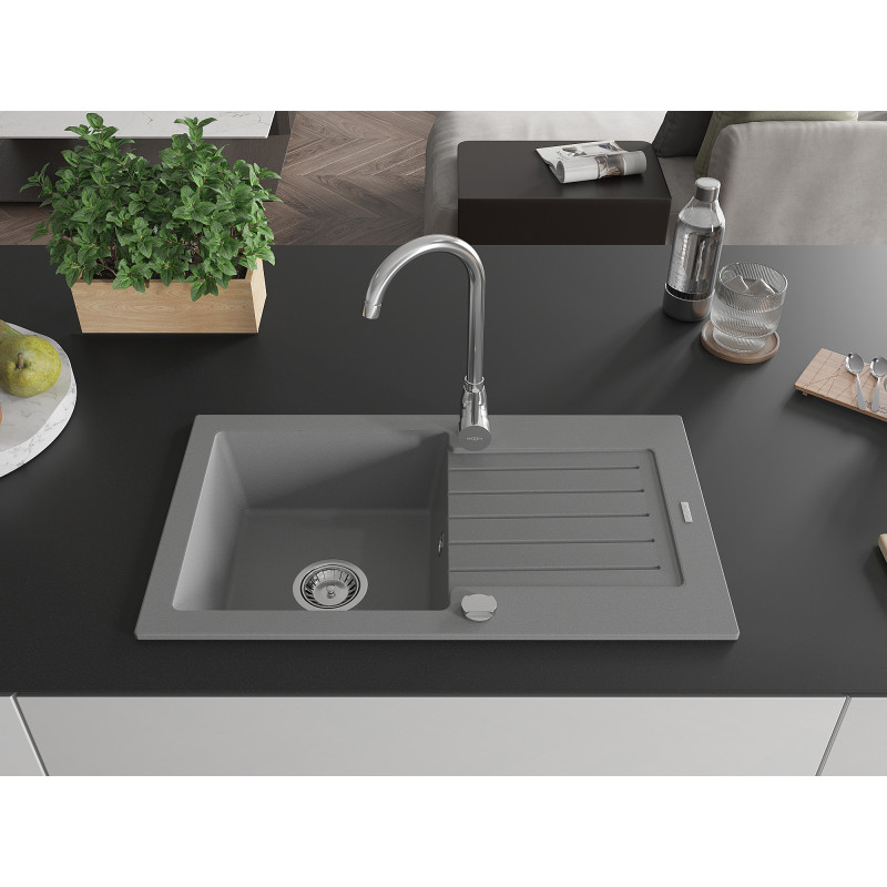 Mexen Pablo Granitspüle 1-Becken mit Abtropffläche 752 x 436 mm, grau, Siphon chrom - 6510751010-71