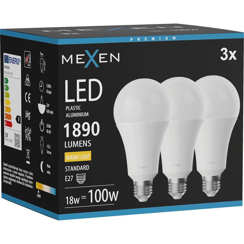 Mexen Nova 3x Bombilla LED E27, A70, 18W, Cálida - 3000K, 1890 lm - L100-E27-1830-01x03