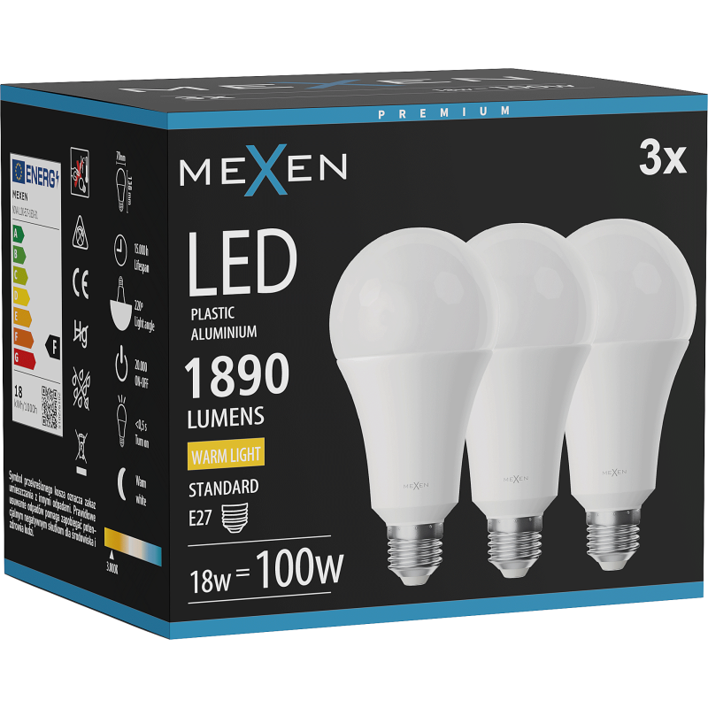 Mexen Nova 3x żarówka LED E27, A70, 18W, Ciepła - 3000K, 1890 lm - L100-E27-1830-01x03