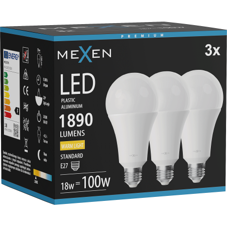 Mexen Nova 3x Bombilla LED E27, A70, 18W, Cálida - 3000K, 1890 lm - L100-E27-1830-01x03