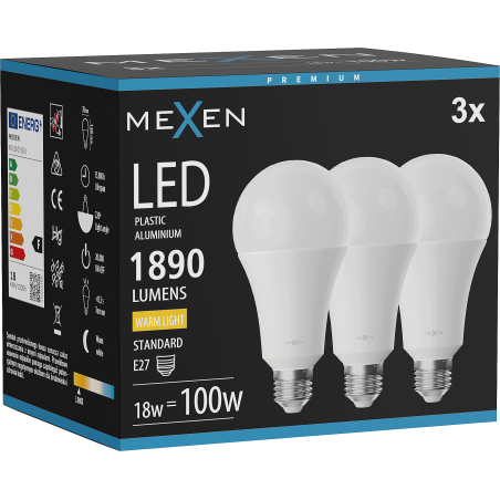 Mexen Nova 3x LED-pirn E27, A70, 18W, Soe - 3000K, 1890 lm - L100-E27-1830-01x03