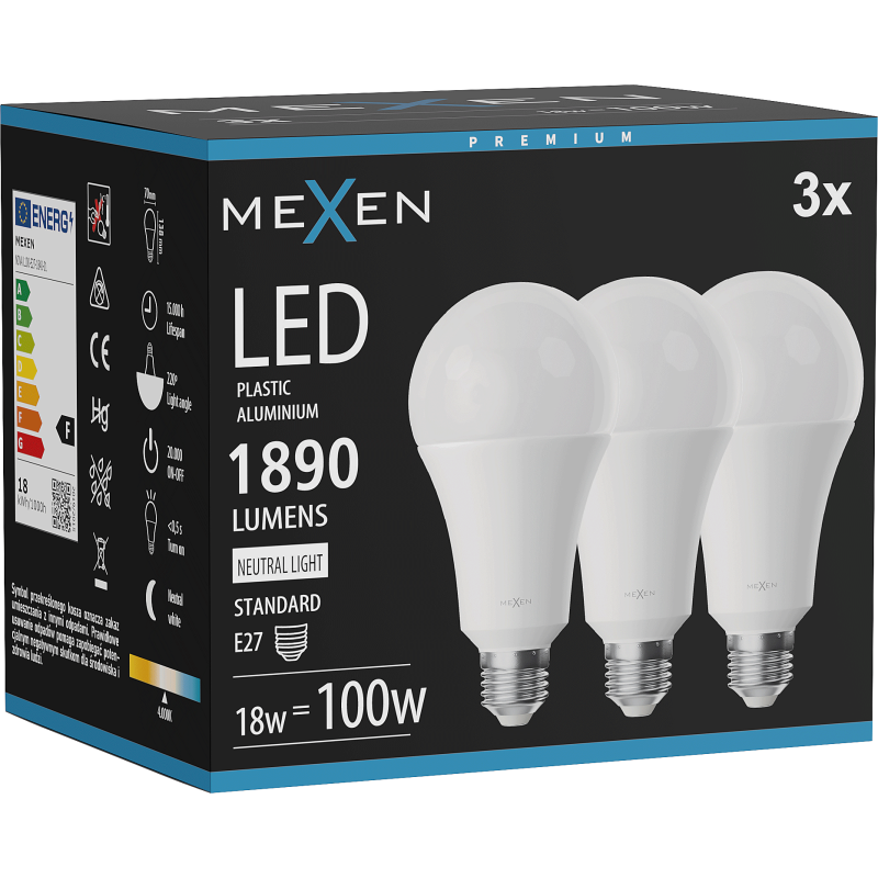 Mexen Nova 3x LED-Glühbirne E27, A70, 18W, Neutral - 4000K, 1890 lm - L100-E27-1840-01x03