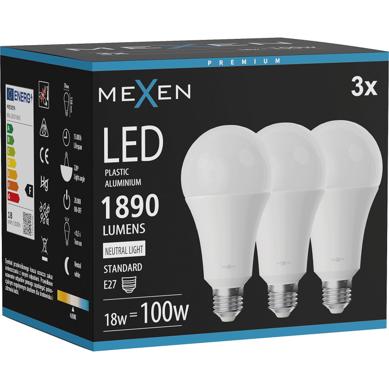 Mexen Nova 3x LED-lampa E27, A70, 18W, Neutral - 4000K, 1890 lm - L100-E27-1840-01x03