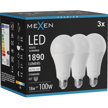 Mexen Nova 3x LED-lampa E27, A70, 18W, Neutral - 4000K, 1890 lm - L100-E27-1840-01x03