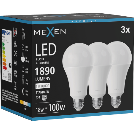 Mexen Nova 3x LED žarulja E27, A70, 18W, Neutralna - 4000K, 1890 lm - L100-E27-1840-01x03