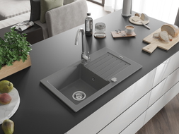 Mexen Pablo single-bowl granite sink with drainer 752 x 436 mm, gray, chrome siphon - 6510751010-71