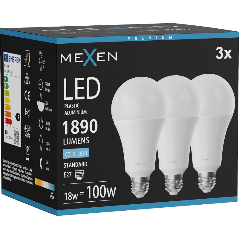 Mexen Nova 3x LED-lampa E27, A70, 18W, Kall - 6500K, 1890 lm - L100-E27-1865-01x03