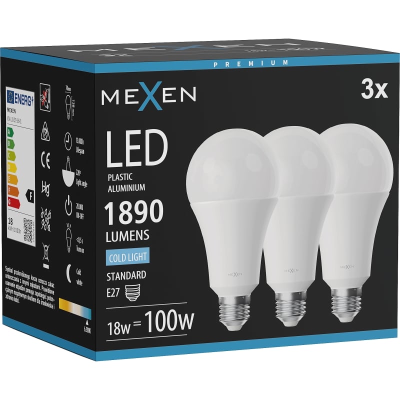 Mexen Nova 3x LED-pirn E27, A70, 18W, külm - 6500K, 1890 lm - L100-E27-1865-01x03