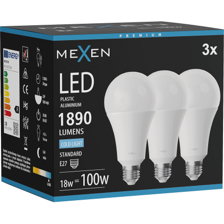 Mexen Nova 3x LED-pirn E27, A70, 18W, külm - 6500K, 1890 lm - L100-E27-1865-01x03