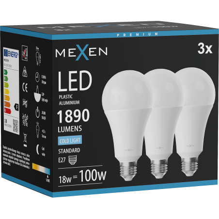 Mexen Nova 3x LED spuldze E27, A70, 18W, Auksts - 6500K, 1890 lm - L100-E27-1865-01x03