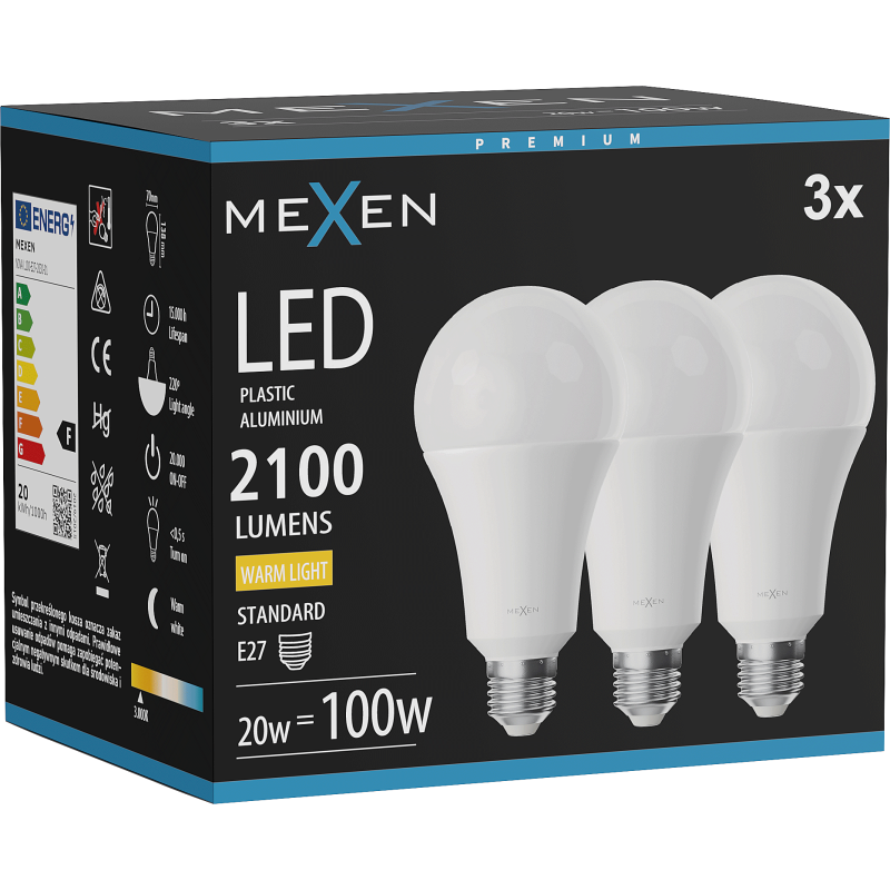 Mexen Nova 3x LED Bulb E27, A70, 20W, Warm - 3000K, 2100 lm - L100-E27-2030-01x03