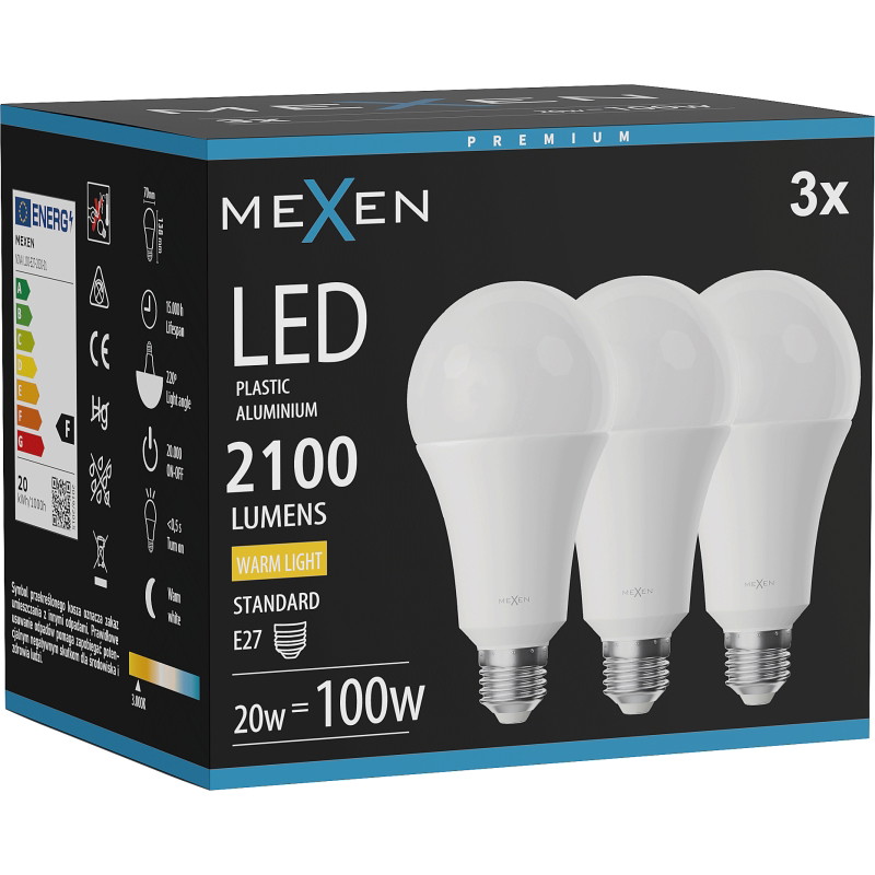 Mexen Nova 3x LED-lampa E27, A70, 20W, Varm - 3000K, 2100 lm - L100-E27-2030-01x03