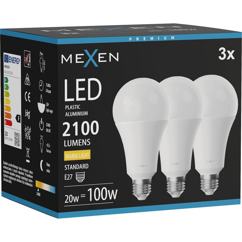 Mexen Nova 3x LED pirn E27, A70, 20W, Soe - 3000K, 2100 lm - L100-E27-2030-01x03