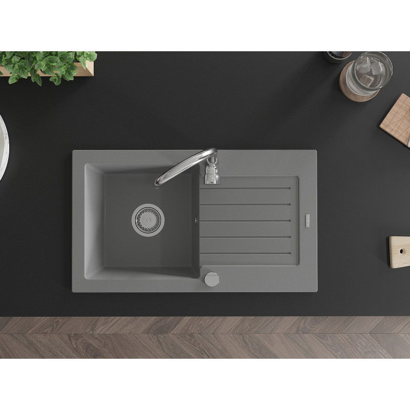 Mexen Pablo granieten spoelbak 1-kommer met afdruiprek 752 x 436 mm, grijs, sifon chroom - 6510751010-71