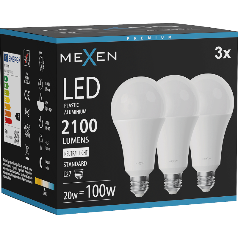 Mexen Nova 3x LED Bulb E27, A70, 20W, Neutral - 4000K, 2100 lm - L100-E27-2040-01x03