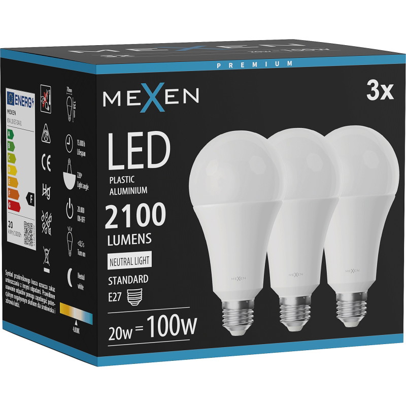 Mexen Nova 3x LED-lampa E27, A70, 20W, Neutral - 4000K, 2100 lm - L100-E27-2040-01x03