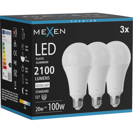 Mexen Nova 3x LED-lampa E27, A70, 20W, Neutral - 4000K, 2100 lm - L100-E27-2040-01x03