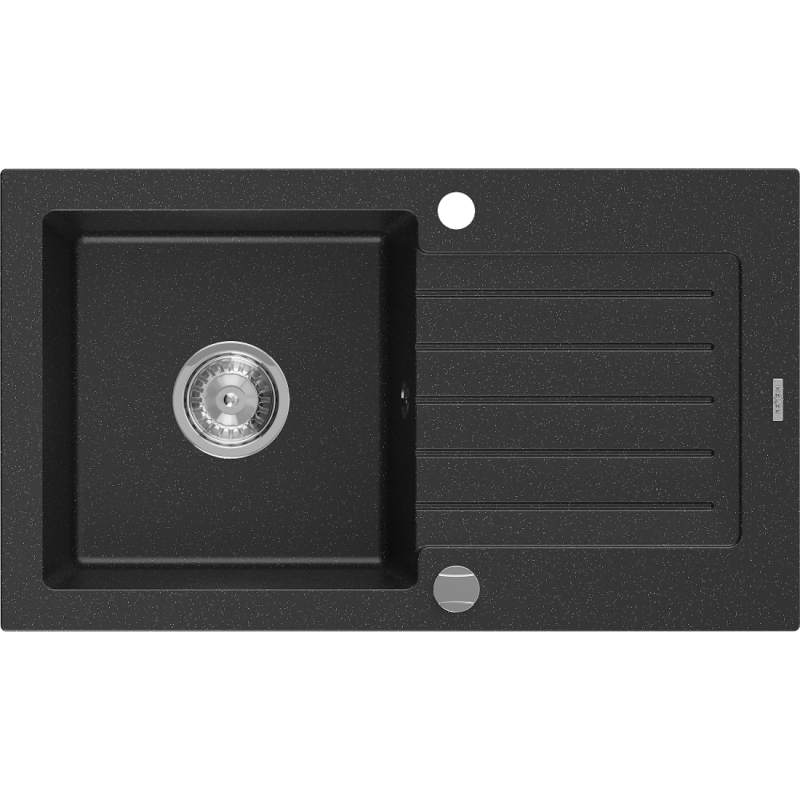 Mexen Pablo évier en granit 1 bac avec égouttoir 752 x 436 mm, noir/métallisé argent, siphon chromé - 6510751010-73