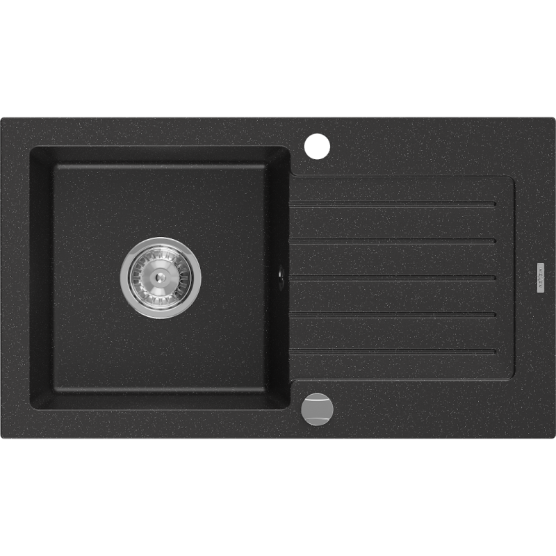 Mexen Pablo fregadero de granito de 1 cubeta con escurridor 752 x 436 mm, negro/plata metálico, sifón cromado - 6510751010-73