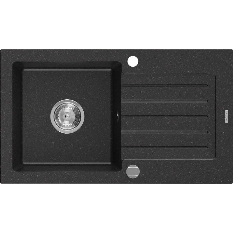 Mexen Pablo granitni sudoper s jednom komorom s ocjednikom 752 x 436 mm, crni/srebrni metalik, kromirani sifon - 6510751010-73