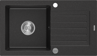 Mexen Pablo granitische gootsteen met 1 bak en afdruiprek 752 x 436 mm, zwart/zilveren metallic, chroom sifon - 6510751010-73