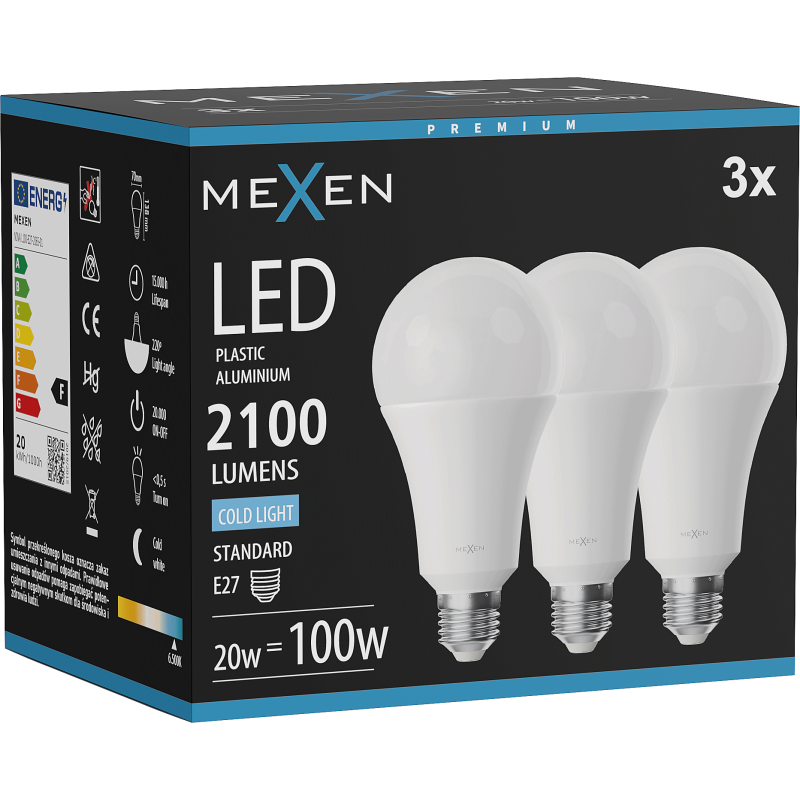 Mexen Nova 3x LED-Glühbirne E27, A70, 20W, Kaltes Licht - 6500K, 2100 lm - L100-E27-2065-01x03