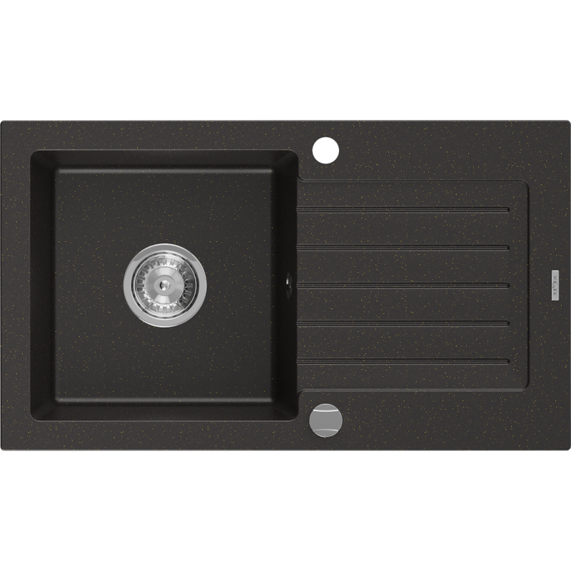 Mexen Pablo évier granitique 1 bac avec égouttoir 752 x 436 mm, noir/or métallisé, siphon chromé - 6510751010-75