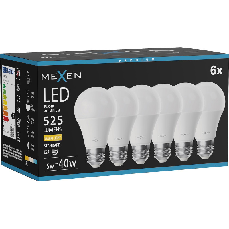 Mexen Nova 6x Bombilla LED E27, A60, 5W, Cálida - 3000K, 525 lm - L100-E27-0530-01x06