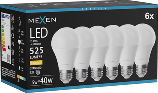 Mexen Nova 6x LED-lamp E27, A60, 5W, Soe - 3000K, 525 lm - L100-E27-0530-01x06