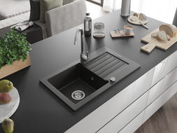 Mexen Pablo granitspüle 1-becken mit abtropffläche 752 x 436 mm, schwarz/gold metallic, siphon chrom - 6510751010-75